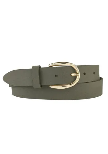 Olivgrüner Ledergürtel mit goldfarbener Schließe - Gürtel von BERND GÖTZ, stufenlos verstellbar mit eleganter Einfachdornschließe. Strapazierfähiges Material in 3 cm Breite, perfekt für Jeans oder schicke Röcke.
