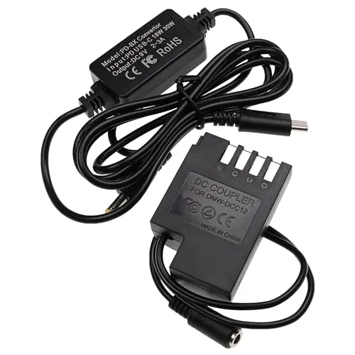 vhbw USB Netzteil kompatibel mit Panasonic Lumix DC-GH5 Kamera, Digitalkamera, DSLR - Netzkabel + DC Kuppler (Ersatz für Panasonic DMW-DCC12), 2m