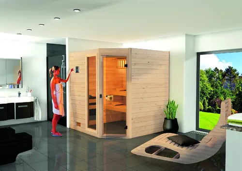 Weka Massivholzsauna Valida Eck mit Glastür - Massivholzsauna für die Ecke, gefertigt aus 38 mm starken Fichtenholz-Blockbohlen, mit elegantem Sicherheitsglas und flexibler Türgestaltung für ein optimales Saunaklima.