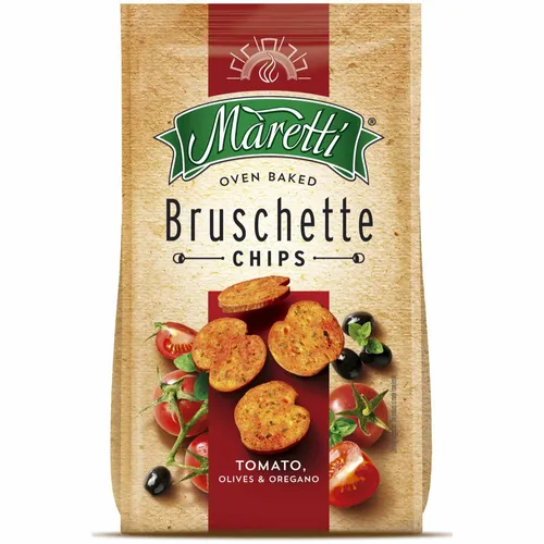 Maretti Bruschette Chips Tomato Olives & Oregano 150g - Chips aus knusprigem Brot mit Tomate, Oliven und Oregano, perfekt als Snack oder für den Aperitif, ideal für Feinschmecker.