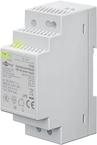 GOOBAY Hutschienen-Netzteil 74765, 24 V, 1,5 A, 36 W - Industrielle Stromversorgung für Gebäudeautomation, kompakte Bauweise ideal für enge Schaltschränke, mit Überspannungsschutz und hohem Wirkungsgrad.