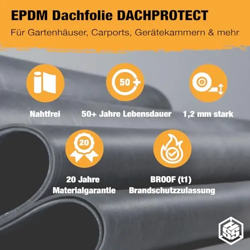 HSS Dachfolie EPDM DACHPROTECT 1,2mm Schwarz - Dachbeschichtungen & -farben, mit über 50 Jahren Lebensdauer, 100% wasserdicht und nahtfreier Zuschnitt für maximale Sicherheit.