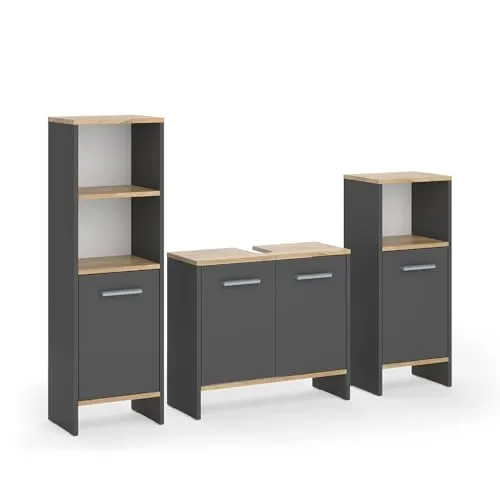 Vicco Badmöbel-Set Karli, 3-teilig in Anthrazit/Goldkraft Eiche - Elegantes Badmöbel-Set mit Waschbeckenunterschrank und zwei Midischränken für optimalen Stauraum und einen stilvollen Look. Verwandeln Sie Ihr Badezimmer in eine Oase der Ordnung und Eleganz.