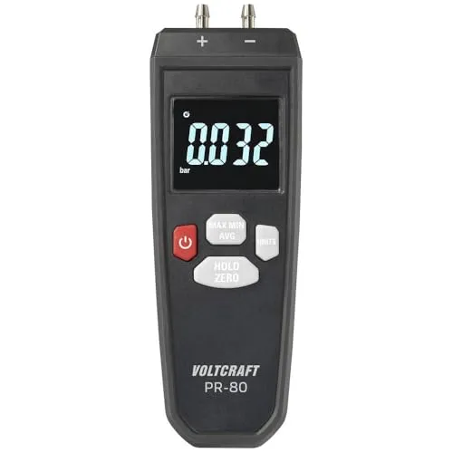VOLTCRAFT PR-80 Differenz-Druckmessgerät - Differenzdruckmessgerät für gasförmige Medien, mit großem LCD-Display und sturzsicherem Design, ideal für präzise Druckkontrollen in Tanks und Maschinen.