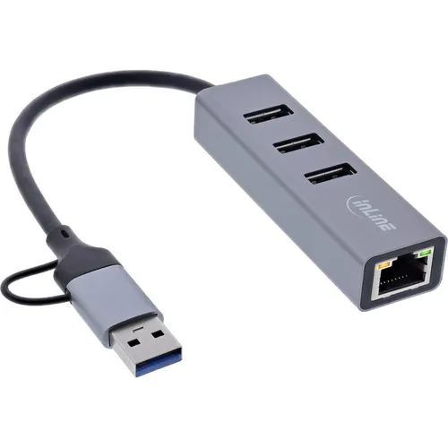 InLine 4in1 Gigabit Hub (USB-C, USB-A, 4 Ports) - USB Hub mit 4 Ports für schnelle Datenübertragungen, ideal für vielseitige Anschlussmöglichkeiten von Geräten.