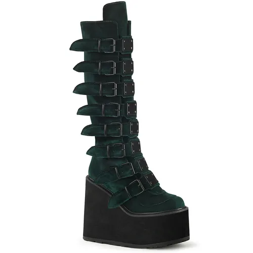 SWING-815 Damen Boots von DemoniaCult, Dunkelgrün, EU 40, US 10 - Wanderschuhe mit smaragdgrünem Velvet und 5 1/2" (14cm) Plateauhöhe, ideal für stilvolle Abenteuer in der Natur.