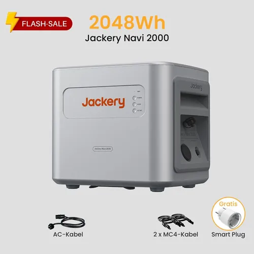 Jackery Balkonkraftwerk Speicher NAVI 2000 - Solarenergie-Zubehör mit 2048 Wh LiFePO4 Akku, ideal für Camping und Heimgebrauch, bietet WLAN-Anschluss und hohe Zyklenlebensdauer von 6000 für zuverlässige Energieversorgung.