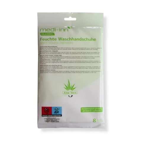 Medi-Inn+ Feuchte Einmalwaschhandschuhe | Soft Touch Premium mit Aloe Vera - Reinigungsmittel & Deodorants bei Inkontinenz – hautfreundliche, mit Aloe Vera imprägnierte Waschhandschuhe für einfache Reinigung ohne Wasser, ideal für Reisen und Pflege.