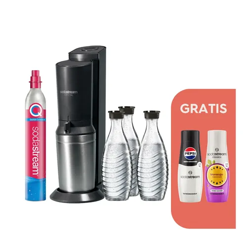 SodaStream CRYSTAL 3.0 Wassersprudler Bundle - Wassersprudler mit elegantem Design, inklusive 3 Glasflaschen und zuckerfreien Sirups für erfrischende Getränke ohne Reue.