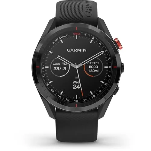 Garmin Approach S62 - Premium Golf GPS Uhr mit Virtual Caddie - Golf GPS-Gerät mit 1,7 Zoll Farb-Touchscreen und über 41.000 vorinstallierten CourseView-Karten. Der integrierte Virtual Caddie schlägt den besten Schläger vor, basierend auf Distanz und Wind.