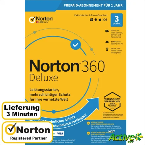 Norton 360 Deluxe 3 PCs – 1 Jahr + 25 GB Cloud-Backup + Secure VPN - Security-Suiten mit umfassendem Schutz für 3 Geräte, inklusive 25 GB Cloud-Backup und sicherem VPN für sicheres Surfen.
