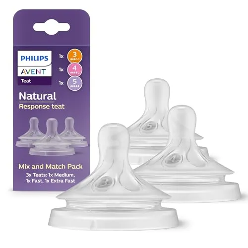 Philips Avent Natural Response Mix & Match Sauger-Set, 3 Natural Response Sauger mit unterschiedlichen Durchflussraten – mittel (D 3), schnell (D 4) und extra schnell (D 5), 3pack, SCY960/03