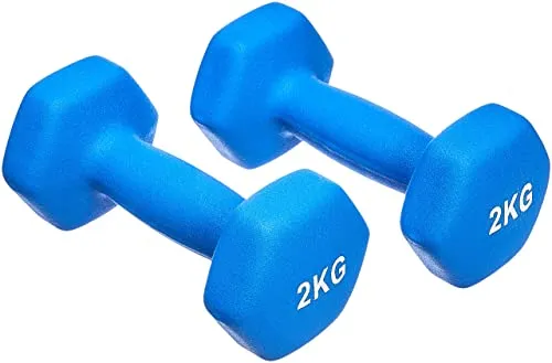 Amazon Basics Neopren Hanteln 2 kg Set - Blau - Praktisches 2er-Set Kurzhanteln mit griffiger Neoprenstruktur für sicheren Halt. Sechseckige Form verhindert Wegrollen. Ideal für Fitnesskurse und das Training zuhause.