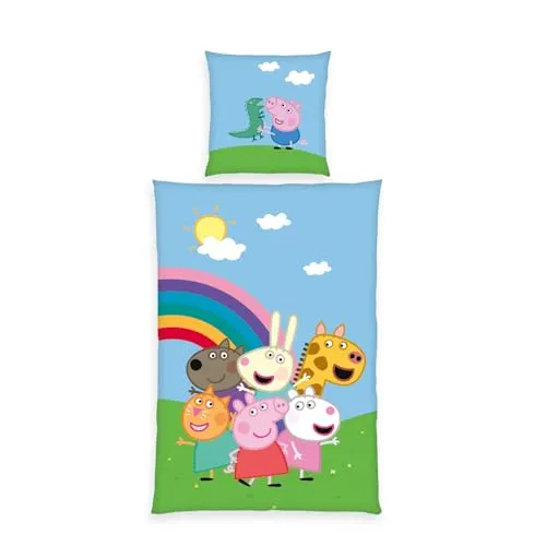 Herding Bettwäsche Peppa Pig - Peppa Wutz Wende-Bettwäsche-Set - Buntes 135x200 cm Bettwäsche-Set aus 100% Baumwolle mit Peppa Wutz Motiv, ideal für Kinderzimmer. Maschinenwaschbar und mit praktischem Reißverschluss.