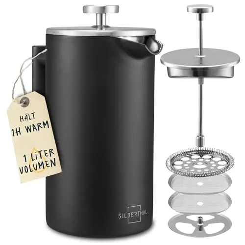 SILBERTHAL French Press Thermo 1 Liter - Edelstahl Kaffeebereiter, doppelwandig isoliert für 1h warme Getränke und ideal für Kaffeeliebhaber
