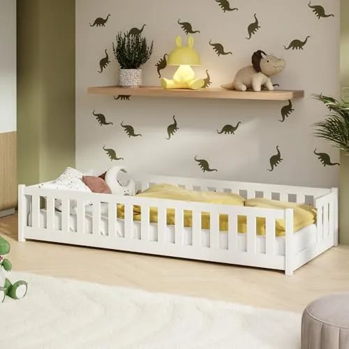 Kids Collective Kinderbett Bodenbett mit Rausfallschutz & Lattenrost Montessori Bett Bed Gitterbett Kinder Jugendbett Einzelbett | 80x160 cm | Weiß