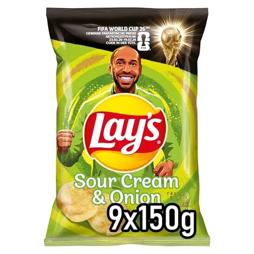 Lay's Sour Cream & Onion – Knusprig gewürzte Kartoffelchips für eine gelungene Party (9 x 150 g) (Verpackungsdesign kann abweichen)