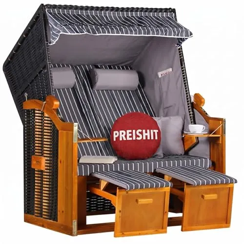 MR. DEKO® Strandkorb Ostsee 2-Sitzer Anthrazit - Komfortabler Volllieger für Terrasse - Strandkorb Ostsee 2-Sitzer Anthrazit mit verstellbarem Oberkorb, ideal zum Entspannen. Hochwertiges Polyrattan und Hartholz garantieren Langlebigkeit. Inklusive 2 Klapptische und Kissen für maximalen Komfort.