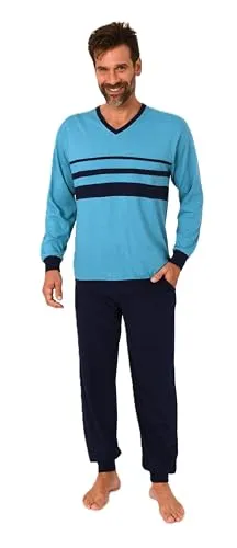 Normann Herren Schlafanzug lang Pyjama mit eleganten Front-Streifen – auch in Übergröße, Farbe: Marine, Größe: 60-62 - ELEGANTE OPTIK: Langarm Herren Pyjama mit edlem Front-Streifen in Übergrößen bis 68/70. ANGENEHMER TRAGEKOMFORT: Weiche Jersey-Qualität und optimaler Schnitt für besten Komfort. BÜNDCHEN: Verhindert Verrutschen für ungestörten Schlaf.