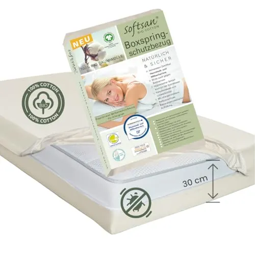 Softsan Boxspring Matratzen Encasing aus Bio Baumwolle | 30 cm Höhe | Anti-Milben-Schutz - Erleben Sie erholsamen Schlaf mit unserem Softsan Matratzen Encasing aus Bio Baumwolle. Der innovative Reißverschluss schützt zuverlässig vor Milben. Ideal für Allergiker – nur 2-3x jährlich waschen für optimale Hygiene.