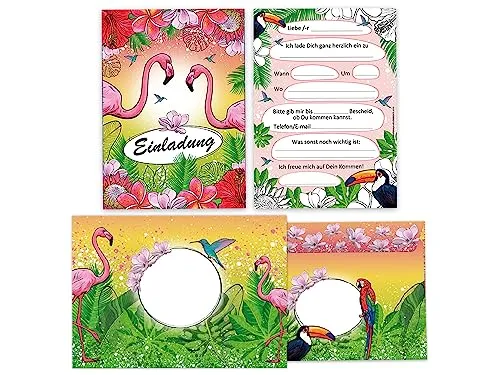 Limonia 12 Einladungskarten incl. 12 Umschläge zum Kindergeburtstag Einladung Geburtstag Mädchen Karten Flamingo Kolibri Papagei Tropen Palmen