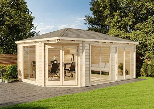 Alpholz 5-Eck Gartenhaus Julia-40 aus Massiv-Holz - Holzhaus mit 40 mm Wandstärke, wind- und regendicht, inklusive hochwertigem Montagematerial für eine lange Lebensdauer. Ideal für Gartenliebhaber, die Privatsphäre und Stil suchen.