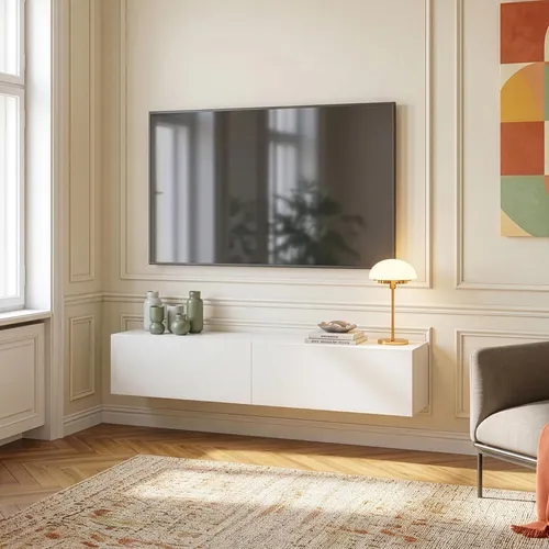 [en.casa] TV Lowboard Evaton – Hängendes Hängeboard mit 2 Schranktüren in Weiß matt - Modernes, wandhängendes TV Lowboard für ein aufgeräumtes Wohnzimmer. Zwei grifflose Klappen bieten praktischen Stauraum für Medienzubehör. Ideal für Dekoration und vielseitig einsetzbar.