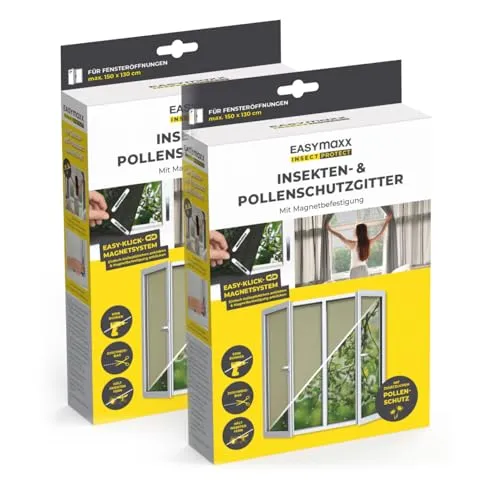 EASYmaxx Insektenschutz-Fensterrahmen Insect Protect (2-St) - Fliegengitter für effektiven Schutz vor Insekten und Pollen, einfache Montage ohne Bohren und Werkzeug, ideal für Allergiker und frische Luft im Sommer.