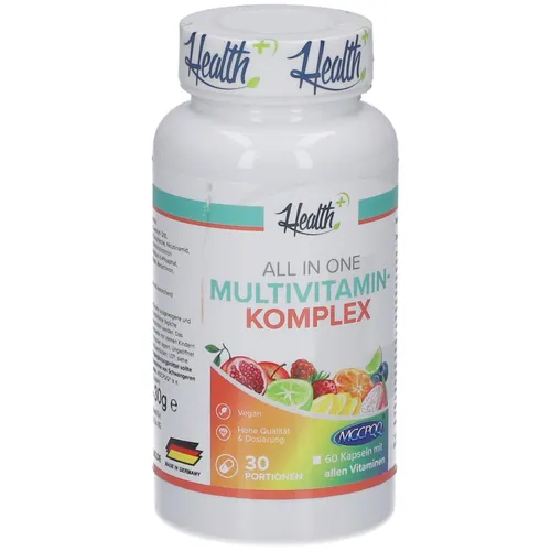 Health+ All in One Multivitamin Komplex - 60 Kapseln - Nahrungsergänzungsmittel mit hochwertiger Vitaminkombination, liefert 100% der empfohlenen Tagesdosis und unterstützt dein Wohlbefinden.