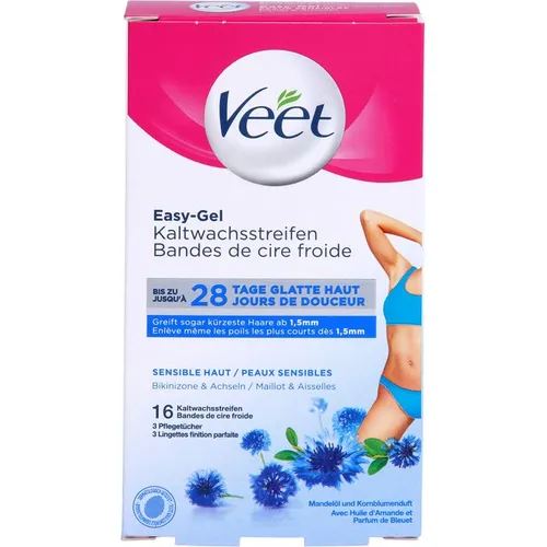 Veet Kaltwachs-Streifen für Bikinizone & Achseln – 16 Stück - Effektive Kaltwachsstreifen für die Bikinizone & Achseln. Genießen Sie bis zu 4 Wochen seidig glatte Haut mit einfacher Handhabung dank der Easy Grip Abziehlasche.