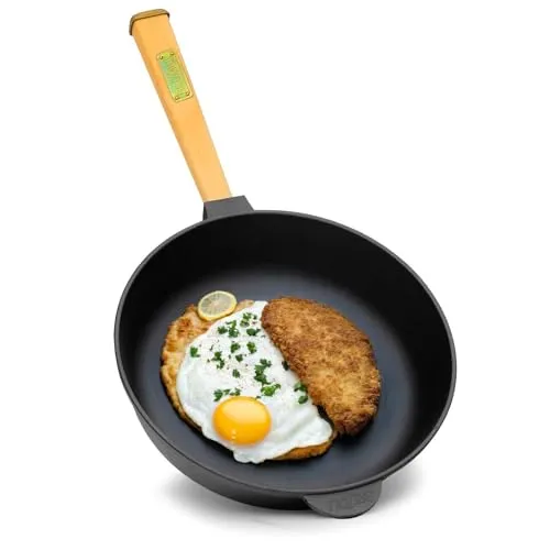 4BIG.fun Gusseisenpfanne Ø24cm mit abschraubbarem Holzgriff - Pfanne aus Gusseisen, ideal zum Braten, Schmoren und Kochen. Dickwandig für optimale Hitzeverteilung, geeignet für alle Herdarten, inklusive Induktion, ohne chemische Beschichtung.