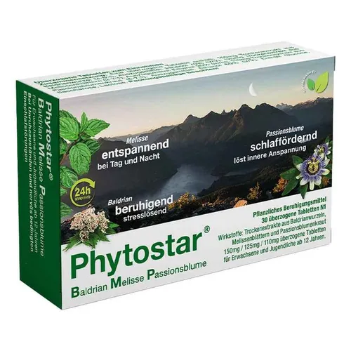 Phytostar Baldrian Melisse Passionsblume 30 ST - Überzogene Tabletten mit wertvollen Pflanzenextrakten zur Unterstützung der Entspannung und Förderung des Wohlbefindens. Ideal für die Abendroutine.