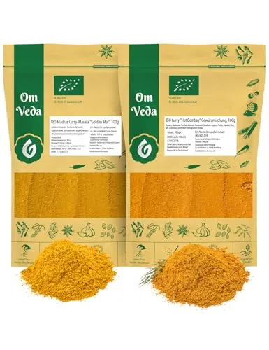 BIO Curry Pulver Gewürzmischungen 200g | Hot Bombay Masala Scharf + Madras Curry Golden Mix Mild | Indische Gewürze Currypulver Currygewürz 2er SET (2x 100g) | Organic Bio-zertifiziert DE-ÖKO-039
