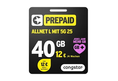 Congstar Prepaid Allnet L Karte mit 40GB - Prepaid ohne Vertragslaufzeit: Genieße 40GB Datenvolumen während der Black Week! Telefonieren und SMS in alle deutschen Netze mit Allnet Flat. Flexibel kündbar, ideal für Vielfahrer.
