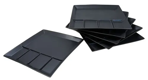 Spetebo Raclette und Fondue Teller eckig 6er Set - schwarz - Grillteller mit 5 Kammern - Menü Tapas Grill Party Sushi Platte aus Porzellan spülmaschinenfest