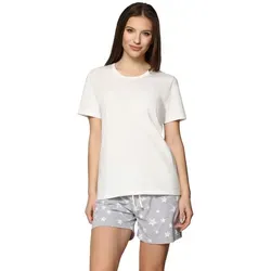 Merry Style Damen Schlafanzug Zweiteiler Pyjama Kurz aus Baumwolle Pyjama Set MS10-177 (Melange Sterne/Cream, L)