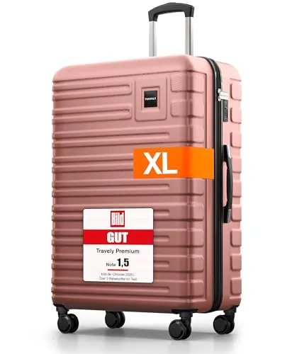 Travely Polycarbonat Koffer Groß 77cm XL - 100L - Koffer aus robustem Polycarbonat, extrem stabil und leicht mit nur 4,5kg. Ideal für Reisen von 7-14 Tagen mit viel Platz für Ihr Gepäck.