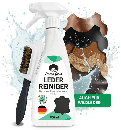 Emma Grün® Lederreiniger für Kunst- & Wildleder mit Bürste - Effektiver Lederreiniger für Sofas, Autositze und Schuhe. Entfernt hartnäckige Flecken und neutralisiert Gerüche. Biologisch abbaubar und nachhaltig – inklusive praktischer Bürste für optimale Reinigungsergebnisse.