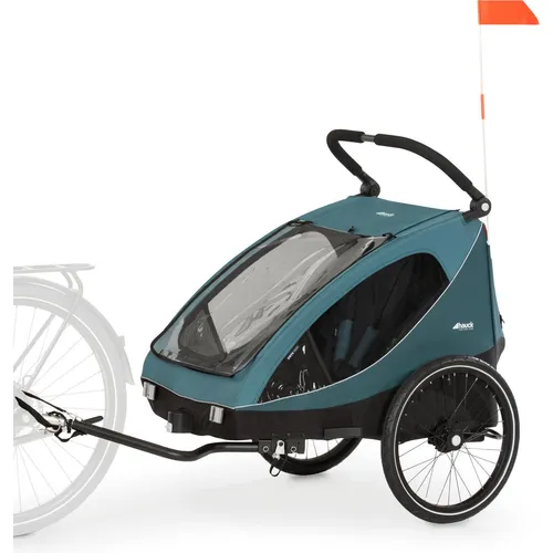 HAUCK Dryk Duo Fahrradkinder-Anhänger, Ocean Green - Fahrradanhänger für 2 Kinder mit Buggy-Rad, klappbar und mit umfangreichem Safety-Paket für sichere Fahrten.