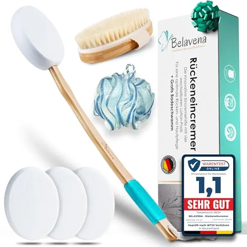 BELAVENA© Eincremehilfe für Rücken - Optimale Rückenpflege 2025 - Langgriffige Bürsten & Kämme mit ergonomischem Griff aus Lotusholz und 4 austauschbaren, leicht zu reinigenden Pads für eine mühelose Rückenpflege.