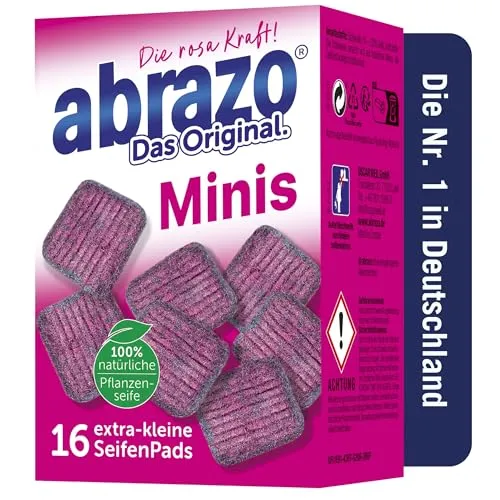 abrazo Minis - 16 Reinigungskissen für Töpfe und Grill - Effektive Reinigungskissen mit veganer Pflanzenseife für kratzfreie Sauberkeit. Ideal für kleine Flächen und Ecken. Hergestellt in Deutschland, überzeugen sie mit geprüfter Qualität und einem umweltbewussten Reinigungserlebnis.