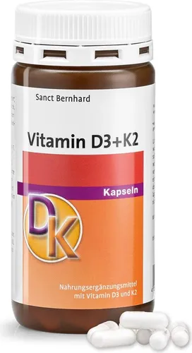 Sanct Bernhard Vitamin D3+K2 Kapseln - 180 Stück - Hochwertige Kapseln mit Vitamin D3 und K2 für die tägliche Unterstützung der Knochen- und Muskelfunktion. Ideal zur Ergänzung einer ausgewogenen Ernährung.