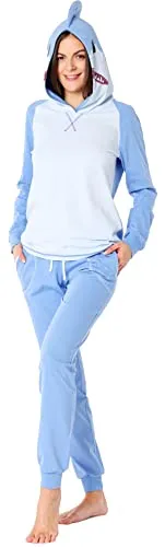 Ladeheid Damen Schlafanzug Zweiteiler Langarm Tierkostüm bunt Tiermotiv Verkleidung mit Kapuze LA40-238 (Blau Hai, XS)