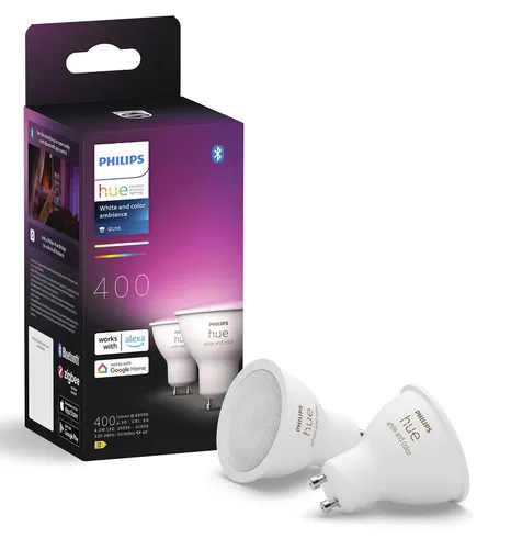 Philips Hue Ambiance GU10 400 LED Lampe - Doppelpack - Energiesparlampen mit Farbwechsel und dimmbarer Funktion, ideal für stimmungsvolle Beleuchtung. Lebensdauer von bis zu 19.999 Stunden.