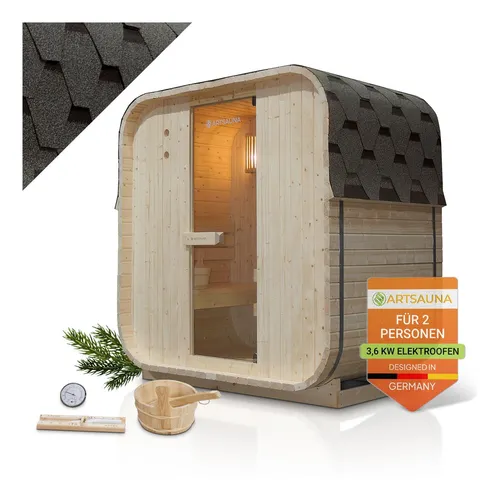 Artsauna Fasssauna Nolvik M - 2 Personen, Cube Design mit 3,6 kW Ofen - Saunen für 2 Personen, verwandelt deinen Garten in eine private Wellness-Oase mit leistungsstarkem 3,6 kW Ofen für entspannende Wärme bis zu 100 °C.