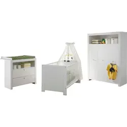 Babyzimmer Olivia Weiß - 3-teiliges Kinderzimmer-Set in frischem Weiß, ideal kombinierbar mit verschiedenen Einrichtungsstilen. Inklusive höhenverstellbarem Gitterbett, geräumigem Kleiderschrank und praktischer Wickelkommode für optimalen Komfort.