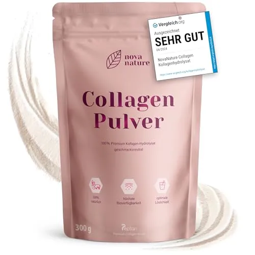 NovaNature® KOLLAGEN Pulver [300g] - Hochverfügbares Collagen Hydrolysat Typ 1, 2 & 3, geschmacksneutral - Kollagen-Präparate mit optimaler Löslichkeit für einfache Einnahme in Kalt- oder Heißgetränken. Ideal für gesunde Ernährung und Fitness, ohne Zusätze und für Allergiker geeignet.