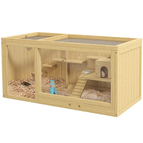 Hamsterkäfig aus Holz Kleintierkäfig Spielhaus für Gerbils mit Schaukeln, Natur