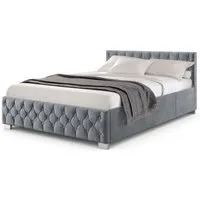 Juskys Polsterbett Nizza mit Stauraum und LED Licht - Elegantes Chesterfield Polsterbett in Dunkelgrau, ausgestattet mit praktischem Stauraum und stimmungsvoller LED-Beleuchtung – ideal für Ihr Schlafzimmer!