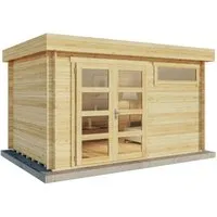 Gartenhaus Leandro-28 mit Holzfußboden - Vielseitiges Gerätehaus - Gerätehäuser: Modernes Gartenhaus mit 28 mm Wandstärke, ideal für Lagerung oder als gemütlicher Rückzugsort. Großzügige 9 m² Fläche und lichtdurchflutete Räume durch große Fensterelemente.